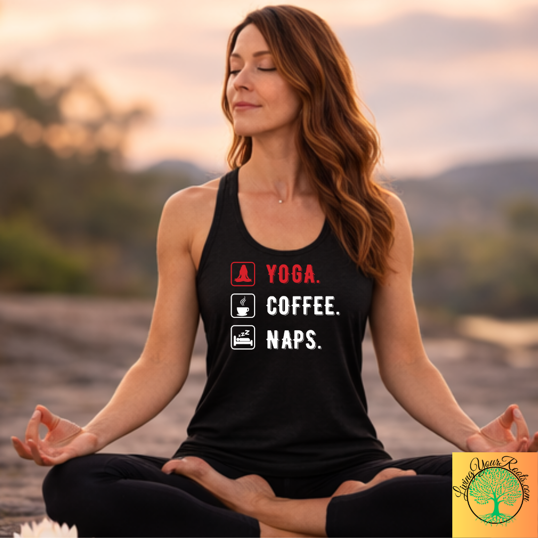 Yoga, Coffee, Naps Racerback Tank — Women's Relaxed Lifestyle Tank Top