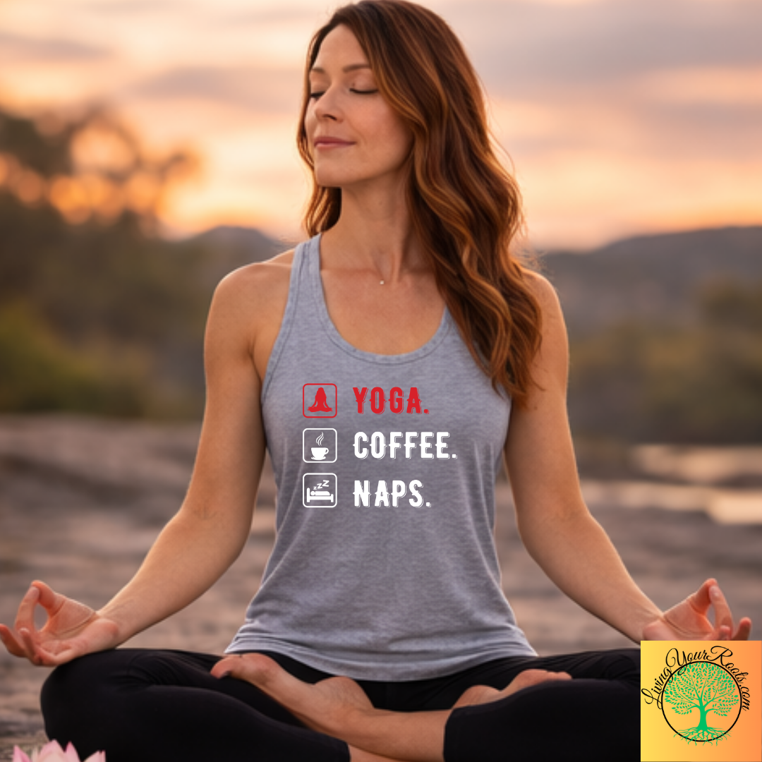 Yoga, Coffee, Naps Racerback Tank — Women's Relaxed Lifestyle Tank Top