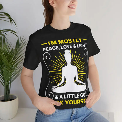 Funny ’I’m Mostly Peace Love and Light’ Meditation Tee - Black Heather / S - T-Shirt