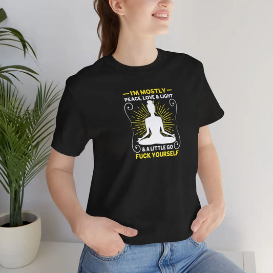 Funny ’I’m Mostly Peace Love and Light’ Meditation Tee - Black Heather / S - T-Shirt