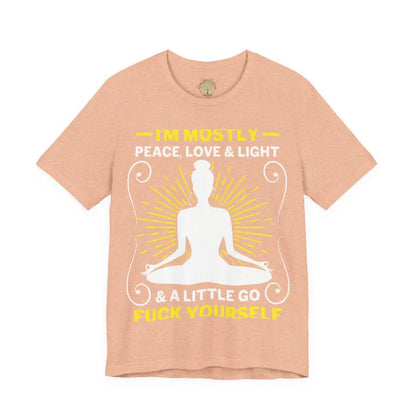 Funny ’I’m Mostly Peace Love and Light’ Meditation Tee - Heather Peach / S - T-Shirt