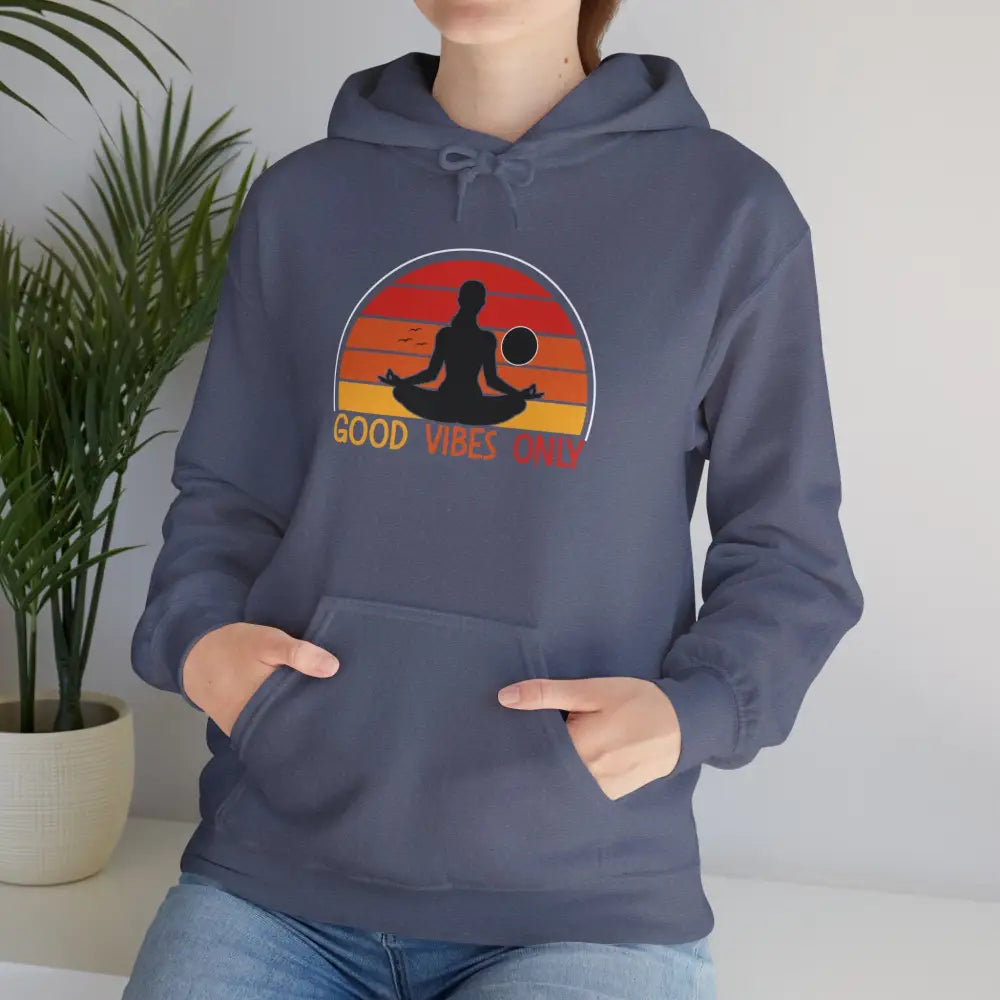 Good Vibes Only Hoodie — Retro Yoga Meditation Sweatshirt - S / Heather Navy - Hoodie