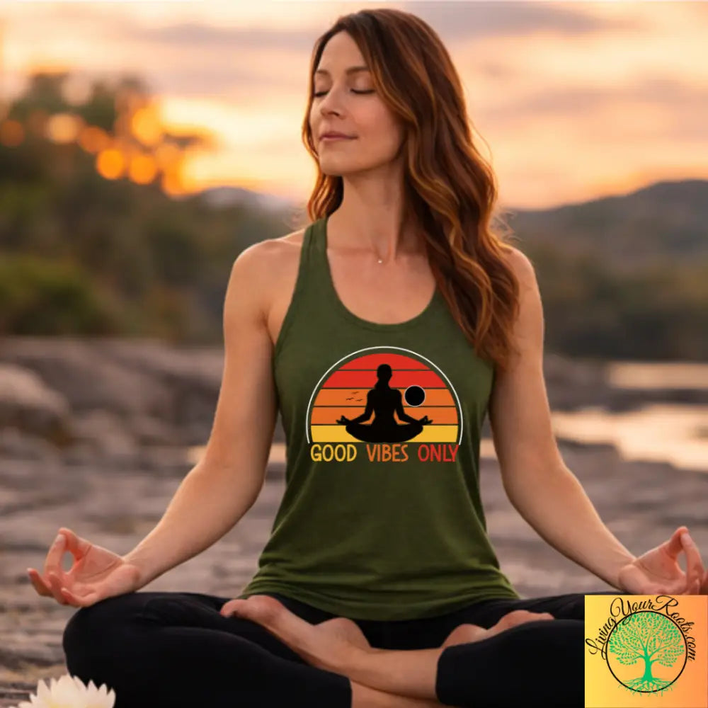 Good Vibes Only Racerback Tank, Women’s Positive Vibe Workout Top - XS / Solid Military Green - Tank Top
