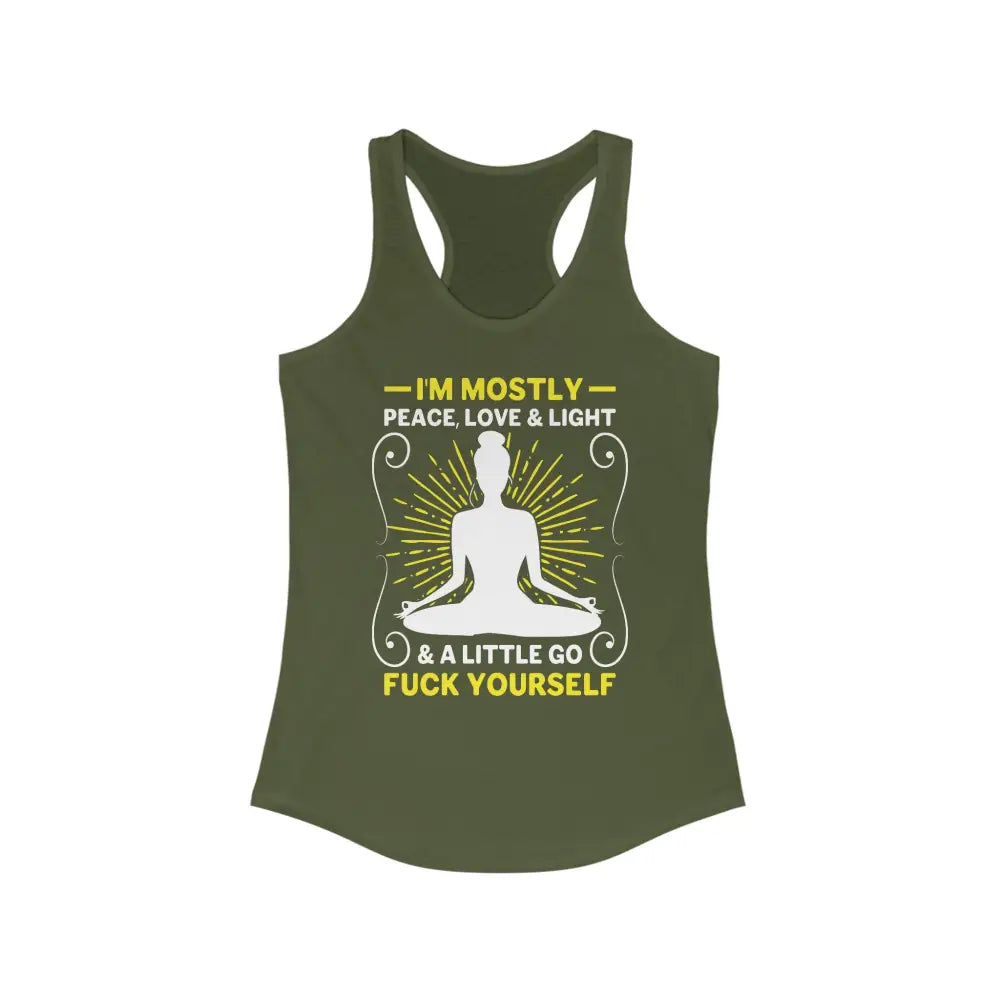 Mostly Peace Love and Light Women’s Ideal Racerback Tank - Solid Military Green / XS - Tank Top