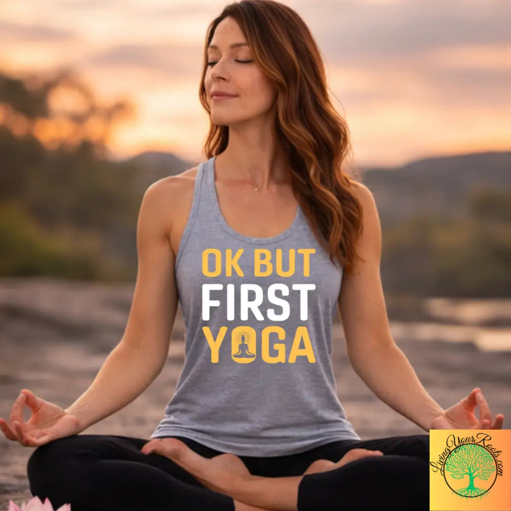 OK But First Yoga Racerback Tank, Women’s Yoga Tank Top - XS / Heather Grey - Tank Top