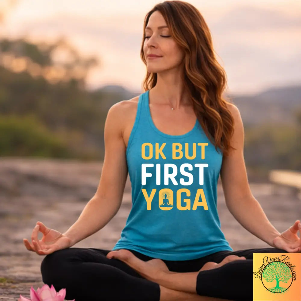 OK But First Yoga Racerback Tank, Women’s Yoga Tank Top - XS / Solid Tahiti Blue - Tank Top