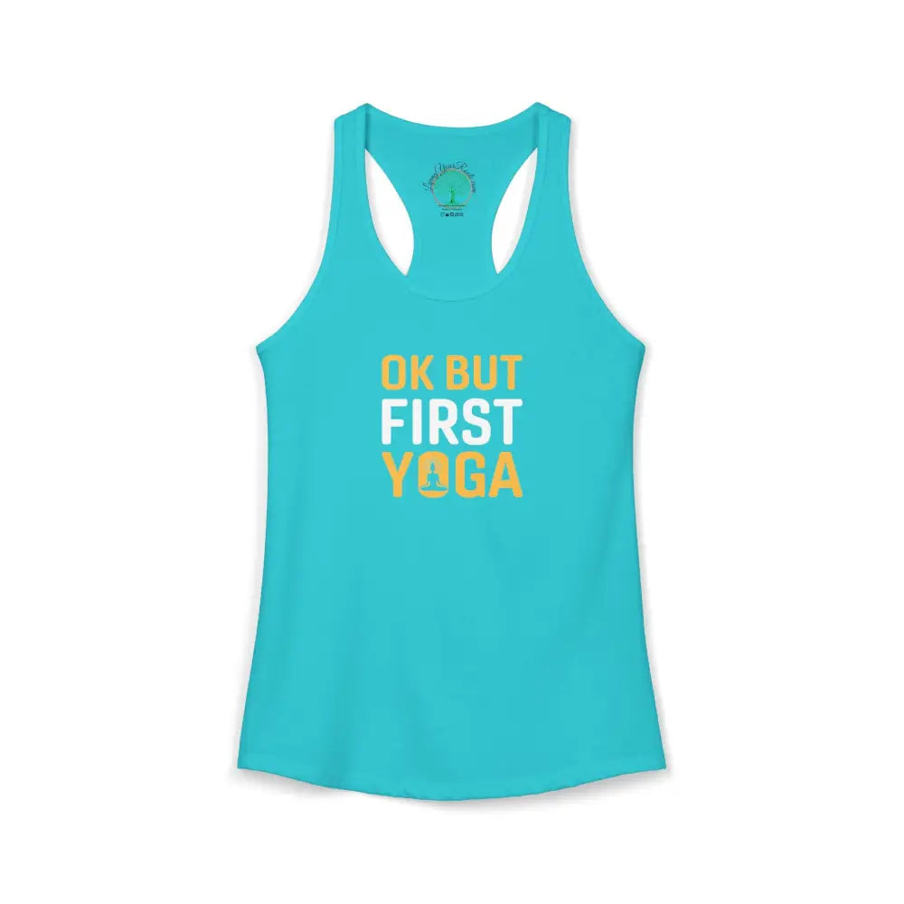 OK But First Yoga Racerback Tank — Women’s Yoga Tank Top - XS / Solid Tahiti Blue - Tank Top