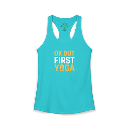 OK But First Yoga Racerback Tank — Women’s Yoga Tank Top - XS / Solid Tahiti Blue - Tank Top