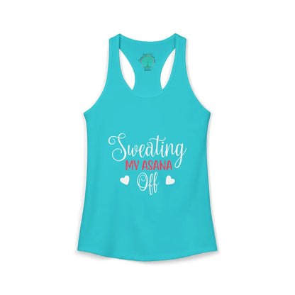 Sweating My Asana Off Racerback Tank Women’s Yoga Workout Tank - XS / Solid Tahiti Blue - Tank Top