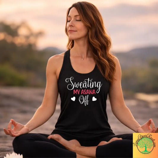 Sweating My Asana Off Racerback Tank Women’s Yoga Workout Tank - XS / Solid Black - Tank Top