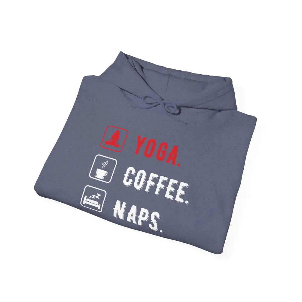 Yoga. Coffee. Naps. Hoodie — Funny Relaxation Graphic Sweatshirt - S / Heather Navy - Hoodie