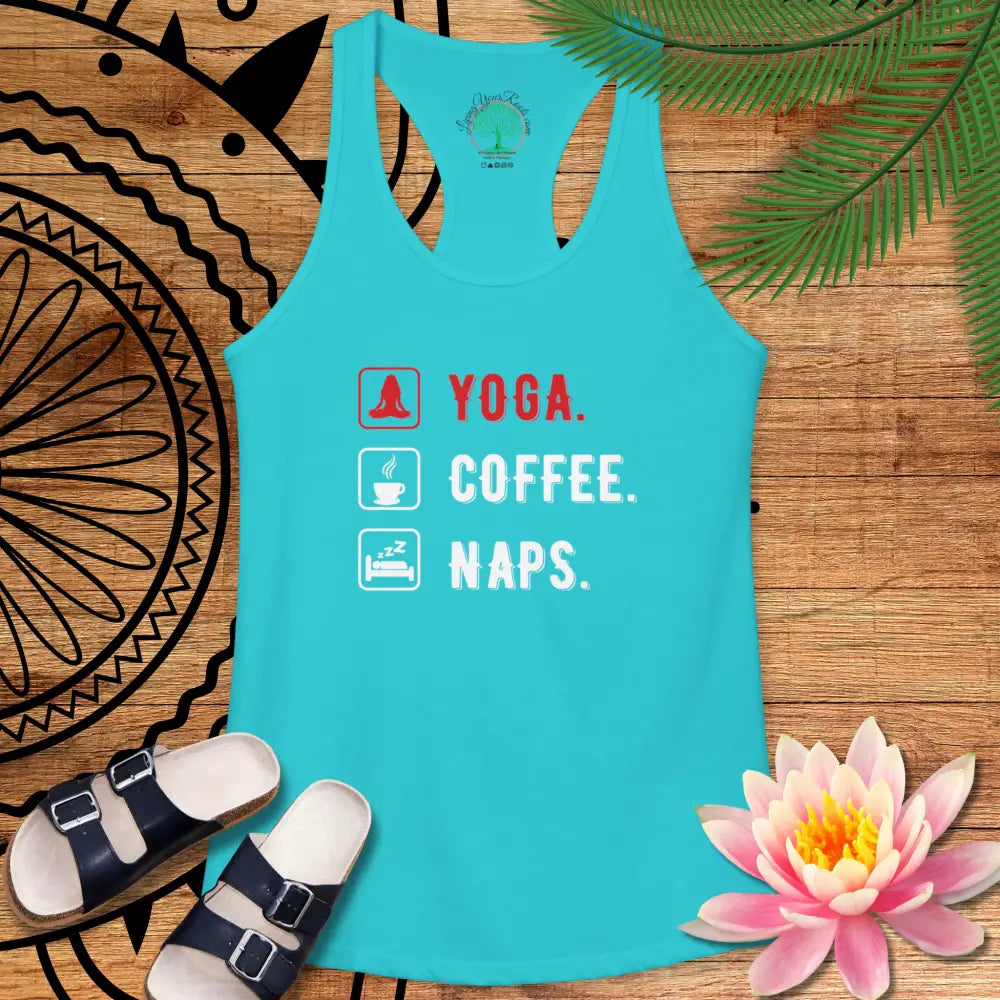 Yoga Coffee Naps Racerback Tank — Women’s Relaxed Lifestyle Tank Top - XS / Solid Tahiti Blue - Tank Top