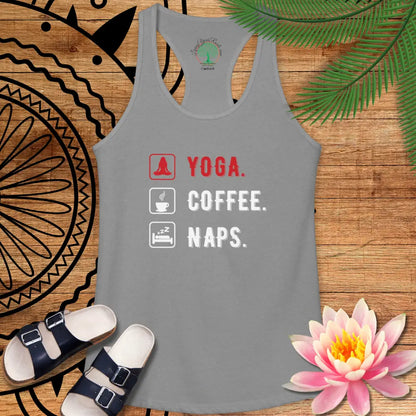 Yoga Coffee Naps Racerback Tank — Women’s Relaxed Lifestyle Tank Top - XS / Heather Grey - Tank Top