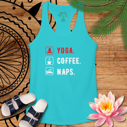 Yoga Coffee Naps Racerback Tank — Women’s Relaxed Lifestyle Tank Top - XS / Solid Tahiti Blue - Tank Top