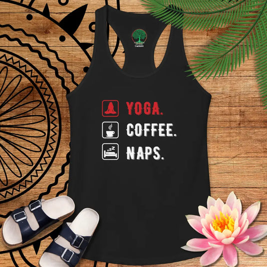 Yoga Coffee Naps Racerback Tank — Women’s Relaxed Lifestyle Tank Top - XS / Solid Black - Tank Top