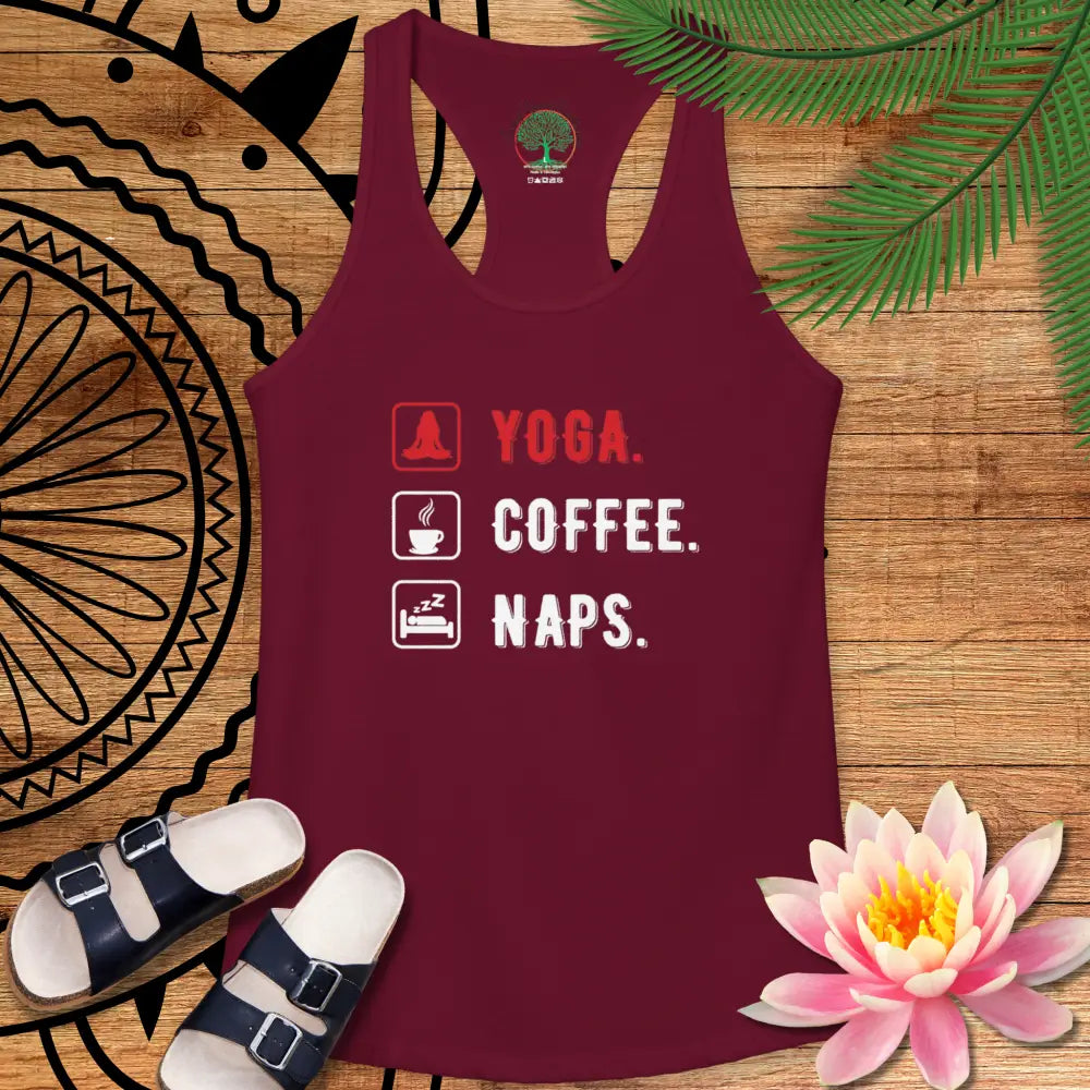 Yoga Coffee Naps Racerback Tank — Women’s Relaxed Lifestyle Tank Top - XS / Solid Cardinal Red - Tank Top