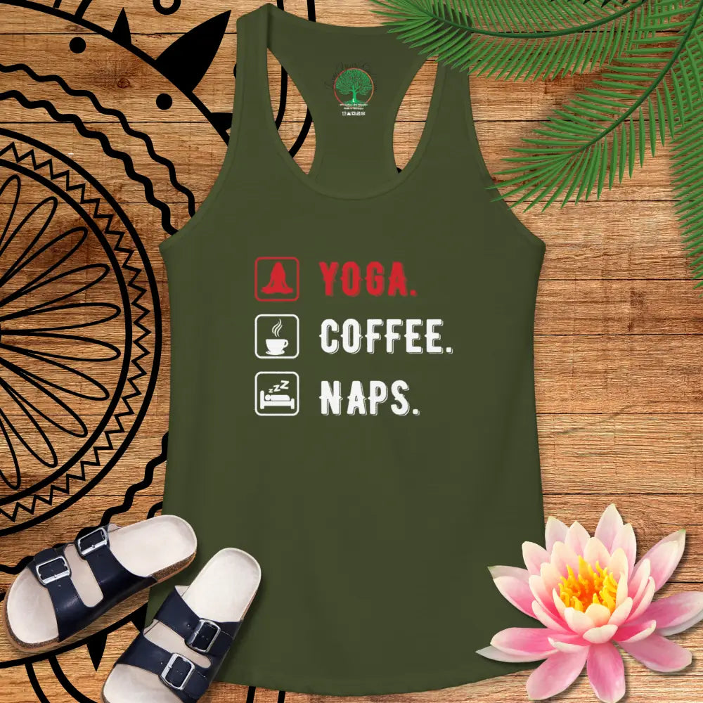 Yoga Coffee Naps Racerback Tank — Women’s Relaxed Lifestyle Tank Top - XS / Solid Military Green - Tank Top