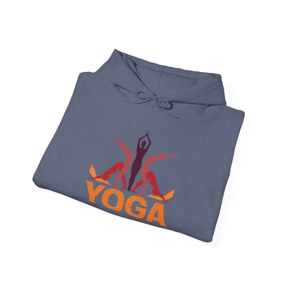 Yoga Hooded Sweatshirt, Retro Sunset Yoga Pose Pullover - S / Heather Navy - Hoodie