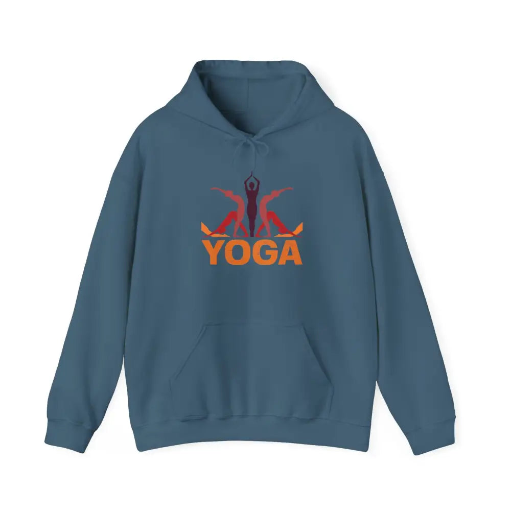 Yoga Hooded Sweatshirt, Retro Sunset Yoga Pose Pullover - S / Indigo Blue - Hoodie