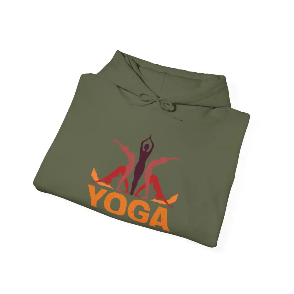 Yoga Hooded Sweatshirt, Retro Sunset Yoga Pose Pullover - S / Military Green - Hoodie