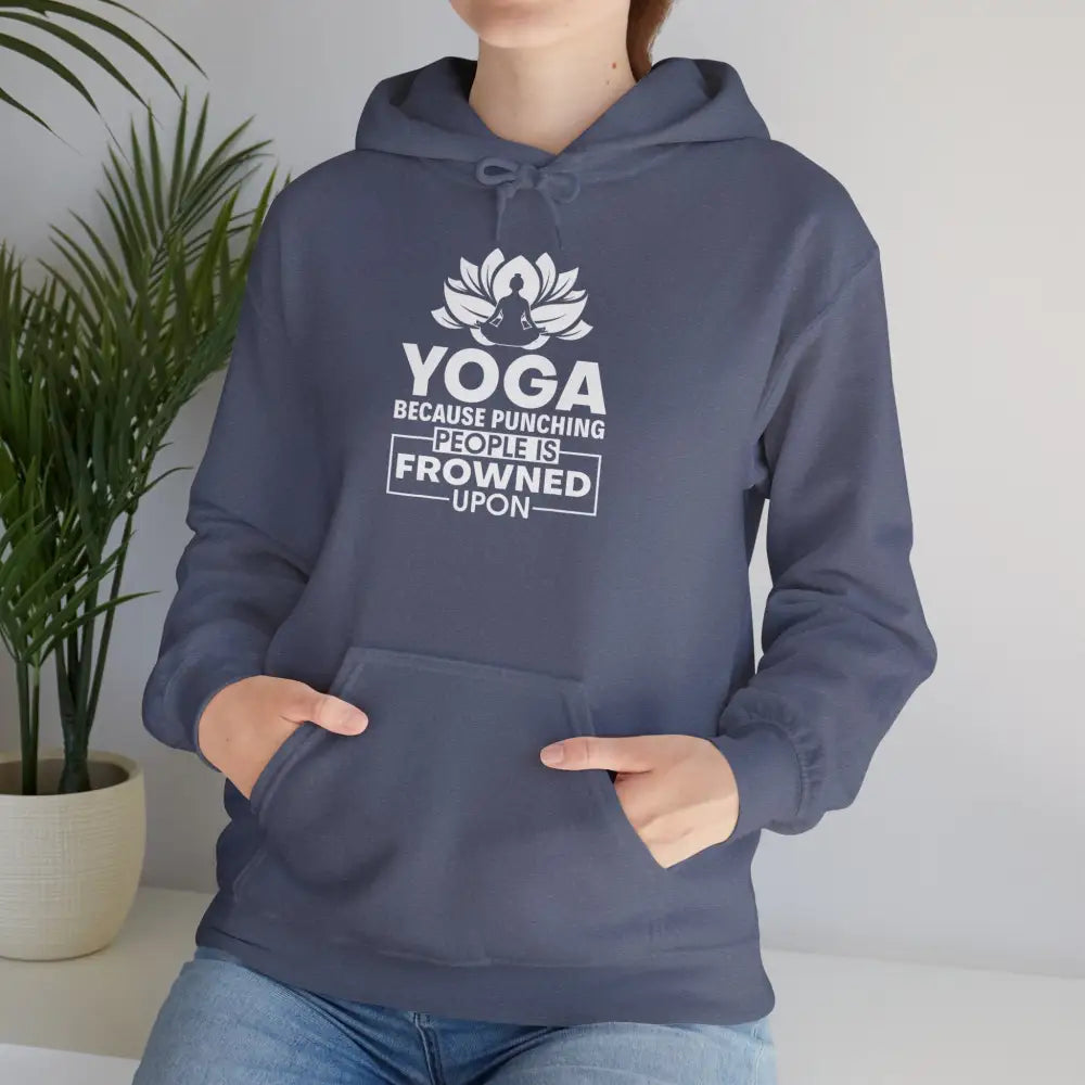 Yoga Hoodie, ’Yoga Because Punching People Is Frowned Upon’ Lotus Sweatshirt - S / Heather Navy - Hoodie