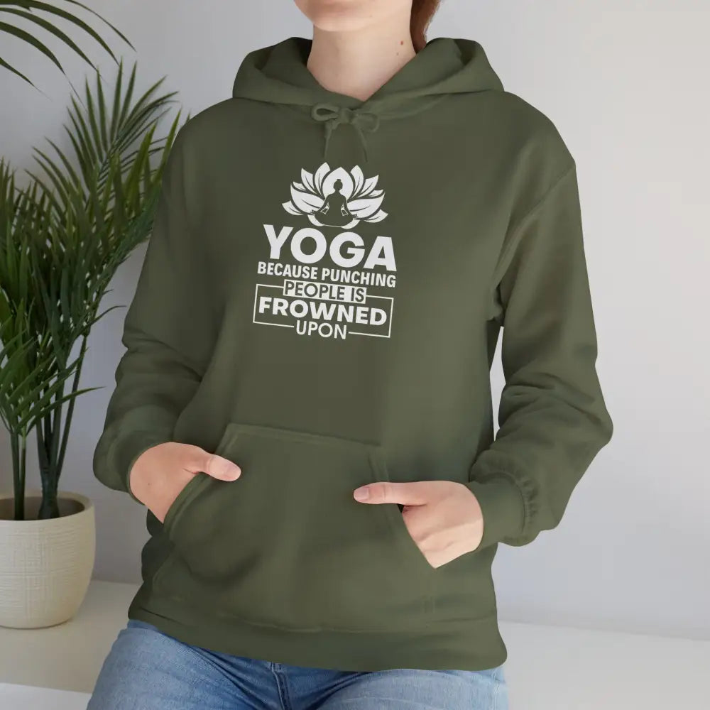 Yoga Hoodie, ’Yoga Because Punching People Is Frowned Upon’ Lotus Sweatshirt - S / Military Green - Hoodie