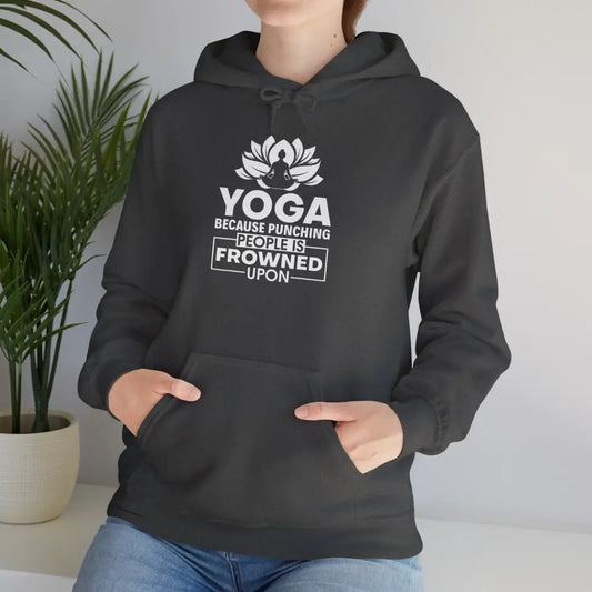 Yoga Hoodie, ’Yoga Because Punching People Is Frowned Upon’ Lotus Sweatshirt - S / Dark Heather - Hoodie