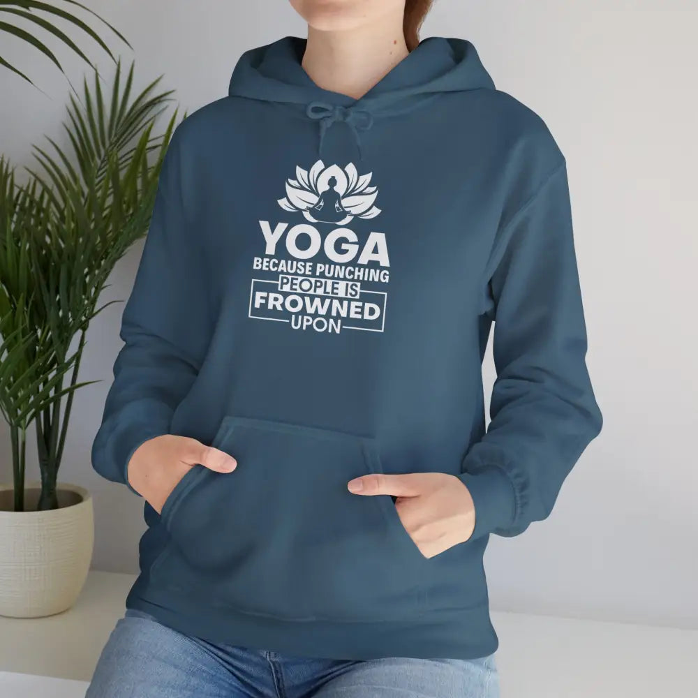 Yoga Hoodie, ’Yoga Because Punching People Is Frowned Upon’ Lotus Sweatshirt - S / Indigo Blue - Hoodie