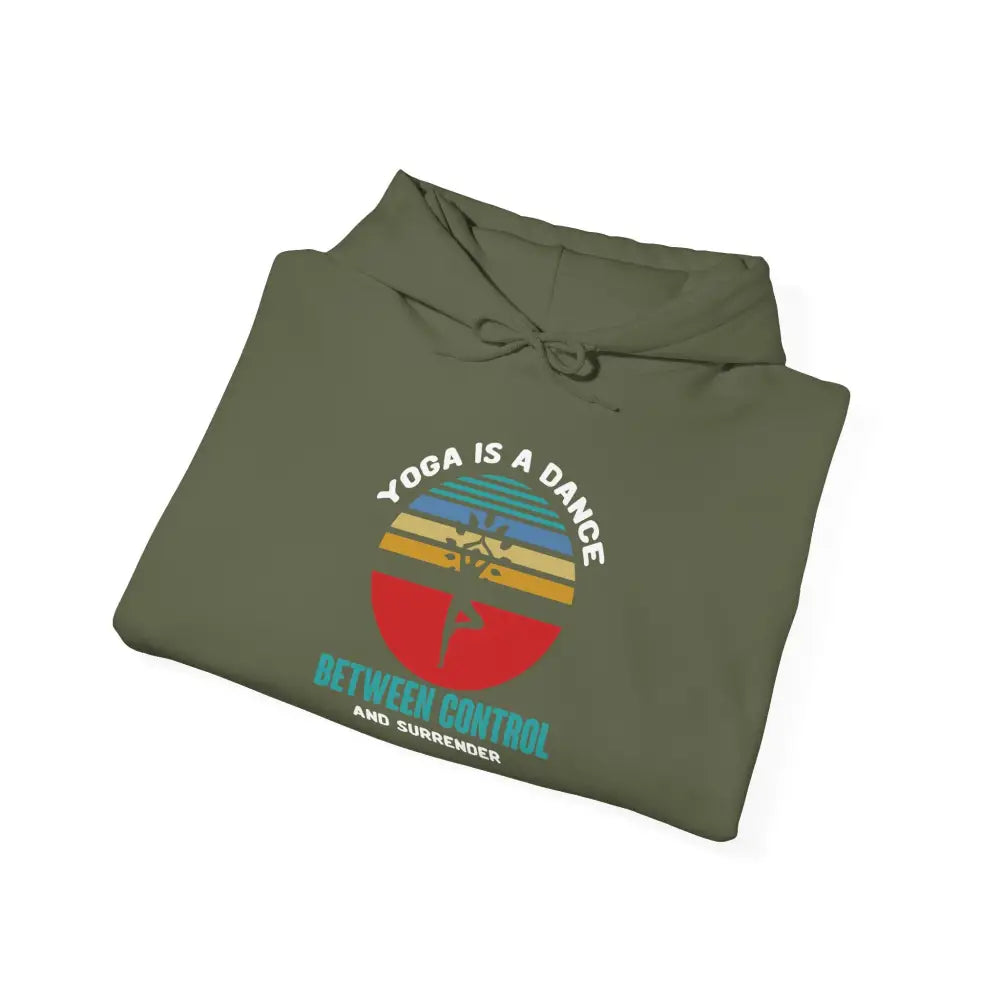 Yoga Hoodie — ’Yoga Is a Dance Between Control and Surrender’ Retro Sunset - S / Military Green - Hoodie