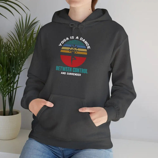 Yoga Hoodie — ’Yoga Is a Dance Between Control and Surrender’ Retro Sunset - S / Dark Heather - Hoodie