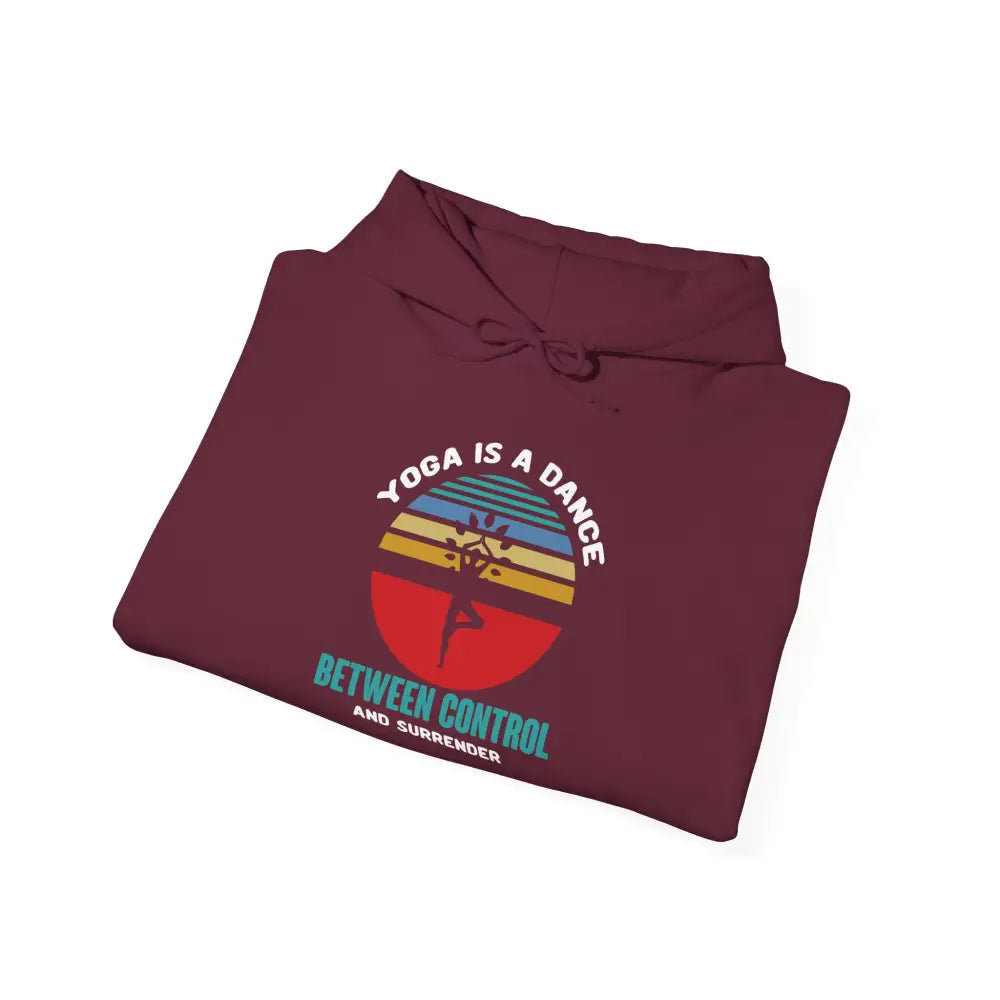 Yoga Hoodie — ’Yoga Is a Dance Between Control and Surrender’ Retro Sunset - S / Maroon - Hoodie