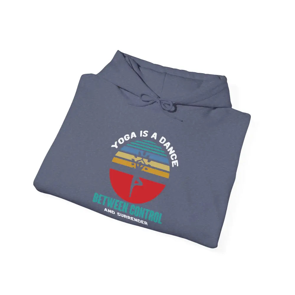 Yoga Hoodie — ’Yoga Is a Dance Between Control and Surrender’ Retro Sunset - S / Heather Navy - Hoodie