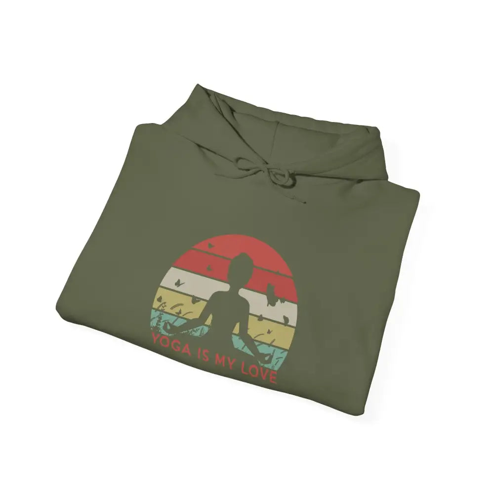 Yoga Hoodie — ’Yoga Is My Love’ Retro Sunset Meditation Sweatshirt - S / Military Green - Hoodie