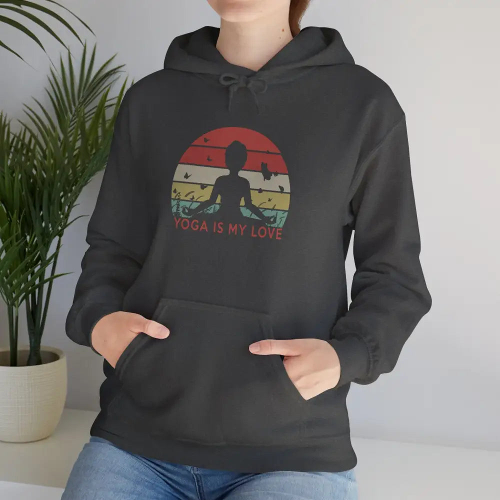 Yoga Hoodie — ’Yoga Is My Love’ Retro Sunset Meditation Sweatshirt - S / Dark Heather - Hoodie