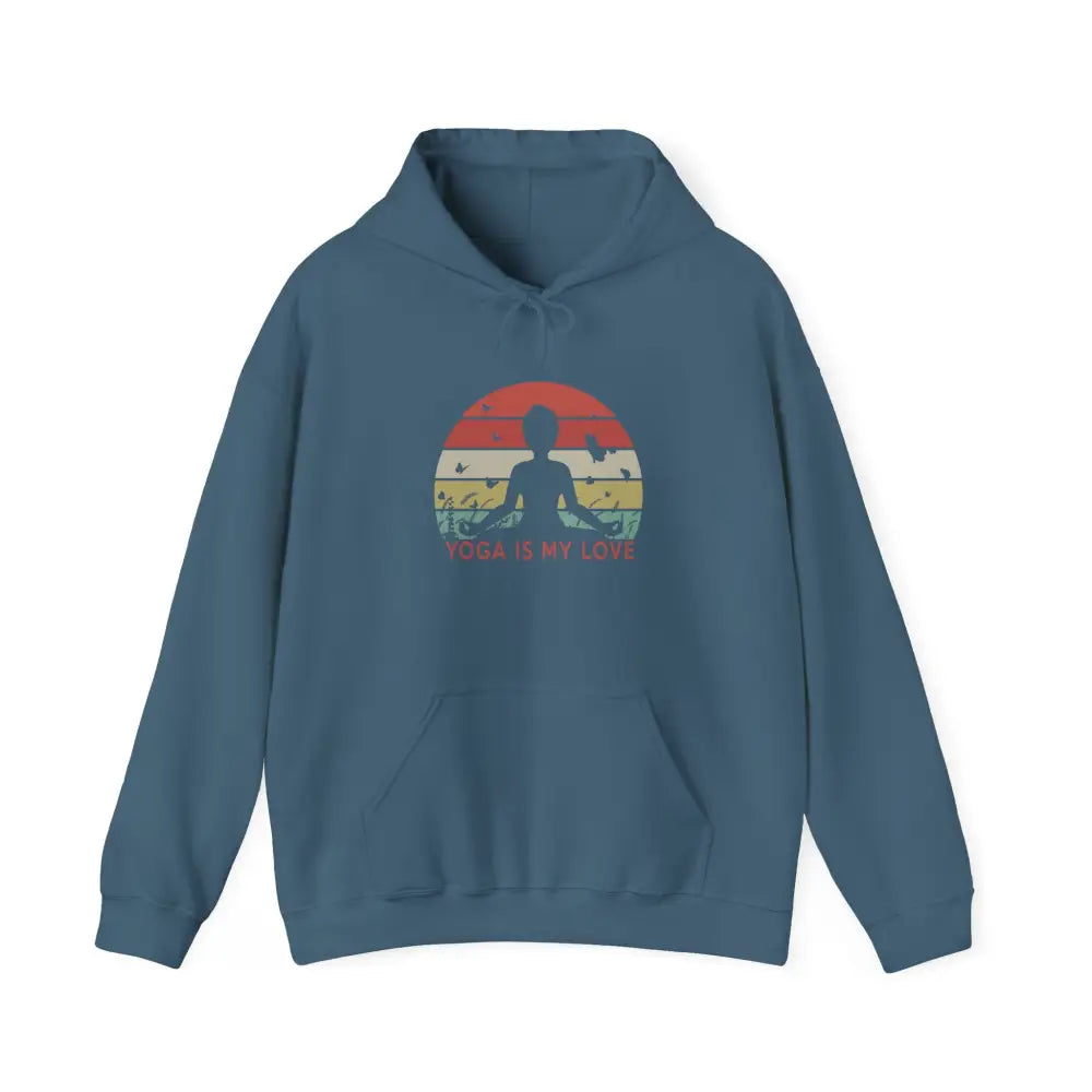 Yoga Hoodie — ’Yoga Is My Love’ Retro Sunset Meditation Sweatshirt - S / Indigo Blue - Hoodie