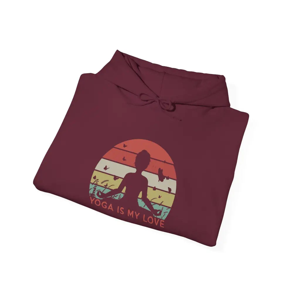Yoga Hoodie — ’Yoga Is My Love’ Retro Sunset Meditation Sweatshirt - S / Maroon - Hoodie