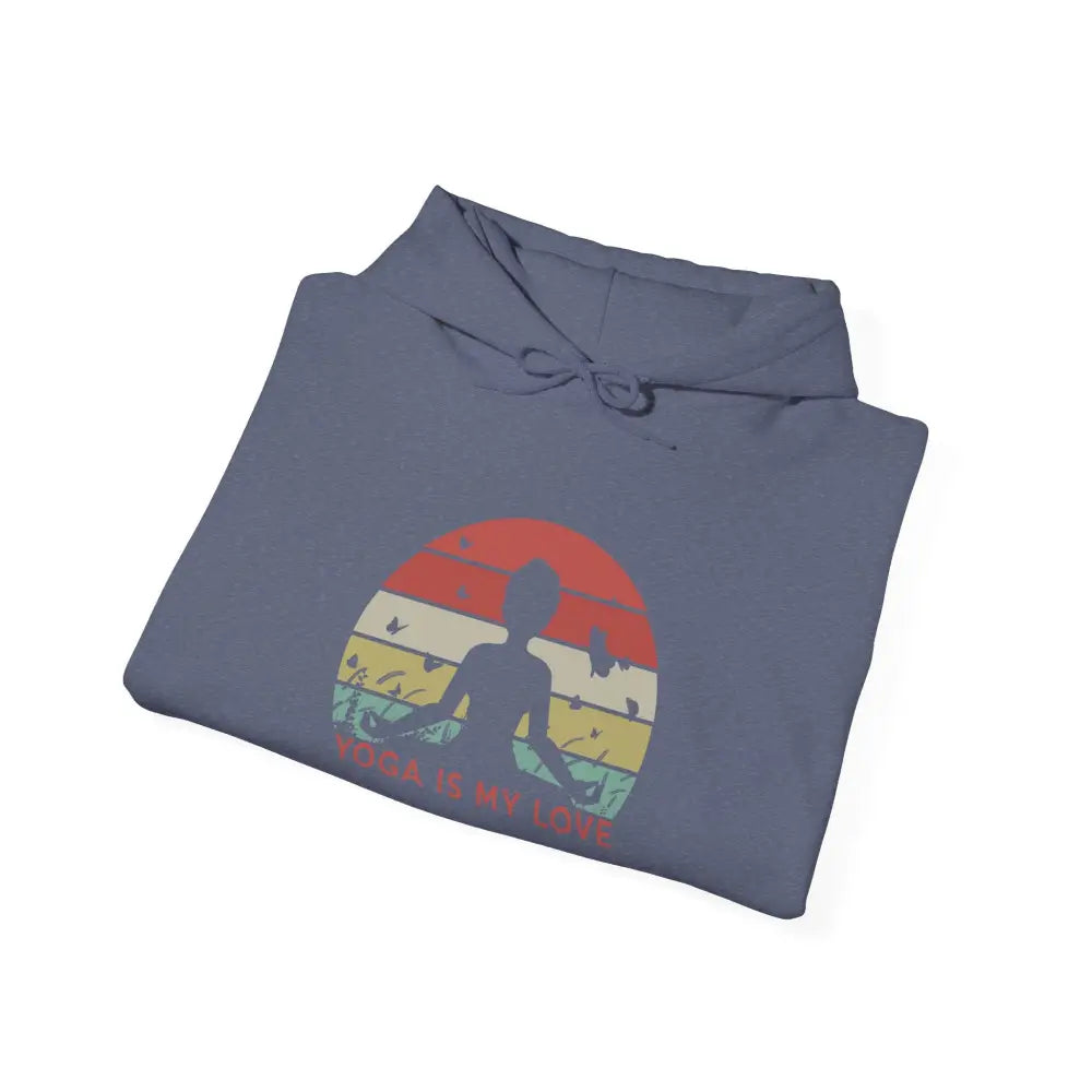 Yoga Hoodie — ’Yoga Is My Love’ Retro Sunset Meditation Sweatshirt - S / Heather Navy - Hoodie