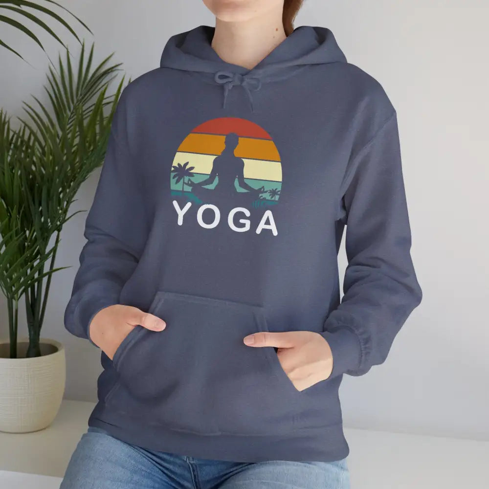 Yoga Sunset Hoodie — Meditating Silhouette Pullover for Yoga Lovers - S / Heather Navy - Hoodie