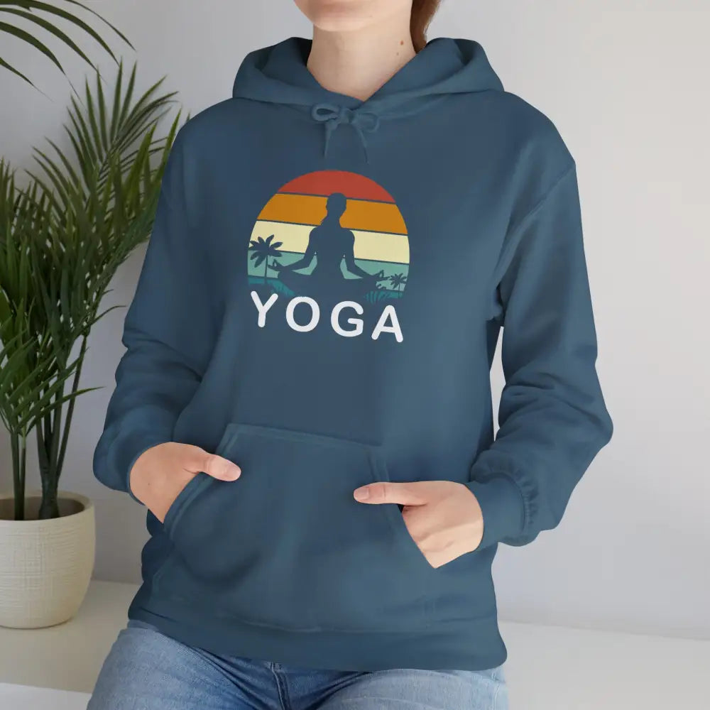 Yoga Sunset Hoodie — Meditating Silhouette Pullover for Yoga Lovers - S / Indigo Blue - Hoodie
