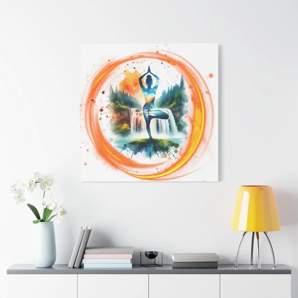 Yoga Waterfall Canvas Wall Art, Serene Tree Pose Meditation Print - Canvas